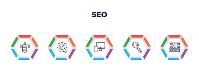 Poster - editable outline icons with infographic template. infographic for seo concept. included data storage, testing, responsive, search, server icons.