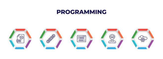 Poster - editable outline icons with infographic template. infographic for programming concept. included css file format, hyperlink, code listing, developer, seo cloud icons.