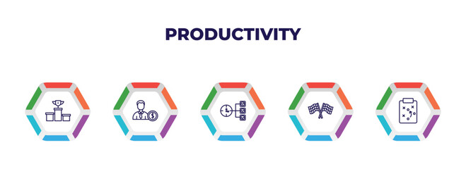 Poster - editable outline icons with infographic template. infographic for productivity concept. included competition, man and dollar coin, time hierarchy, racing flag, tactics icons.