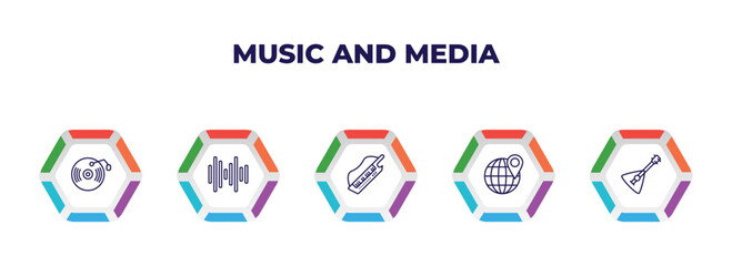 Poster - editable outline icons with infographic template. infographic for music and media concept. included music record, sound bars, keytar, globe with pointer, balalaika icons.