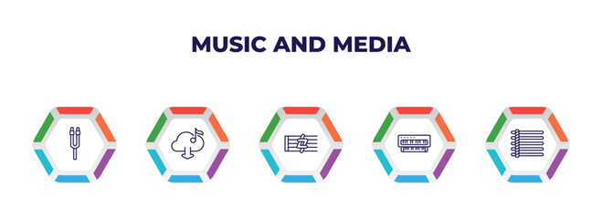 Poster - editable outline icons with infographic template. infographic for music and media concept. included tuning fork, downloaded music cloud, sharp, organ, dotted barline icons.
