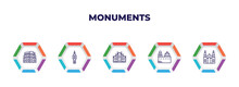 Editable Outline Icons With Infographic Template. Infographic For Monuments Concept. Included Pula Arena, The Clock Tower, Milan Cathedral, Blue Domed Churches, Cathedral Icons.