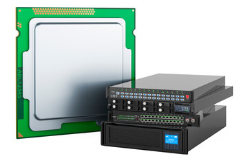 Poster - CPU with server equipment, 3D rendering