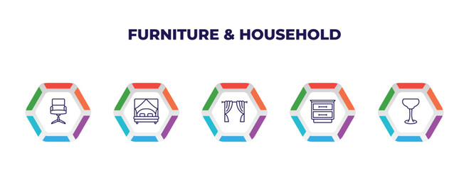 Poster - editable outline icons with infographic template. infographic for furniture & household concept. included office chair, canopy bed, curtains, night stand, glassware icons.