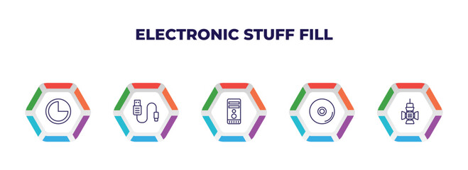 Poster - editable outline icons with infographic template. infographic for electronic stuff fill concept. included three quarters, usb cable, computer tower, compact disc, reflector icons.