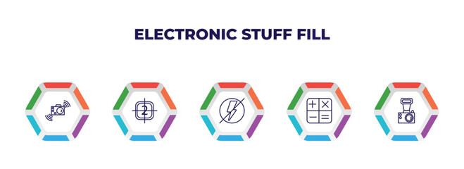 Poster - editable outline icons with infographic template. infographic for electronic stuff fill concept. included shake camera, video file list, flash off, calculating, old camera icons.