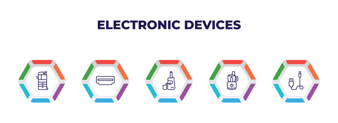 Poster - editable outline icons with infographic template. infographic for electronic devices concept. included copier, hdmi, cold-pressed juicer, food processor, connector icons.