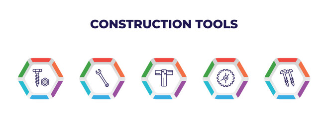 Poster - editable outline icons with infographic template. infographic for construction tools concept. included nuts and bolts, garage wrench, boning rod, blade saw, screws icons.