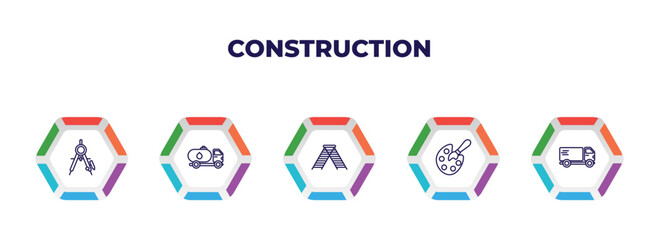 Poster - editable outline icons with infographic template. infographic for construction concept. included drawing compass, fuel truck, double ladder, pallete, truck with freight icons.