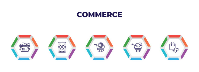 Poster - editable outline icons with infographic template. infographic for commerce concept. included basket full, hourglass countdown, online store cart, solidarity purchase, black pointer icons.