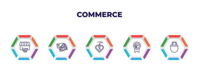 Poster - editable outline icons with infographic template. infographic for commerce concept. included shopping store, paying, sale love, house badge, tote bag icons.