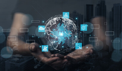 Poster - The world of the future, connecting data with internet technology. A huge source of information that connects the whole world with an online system. The concept of using AI 