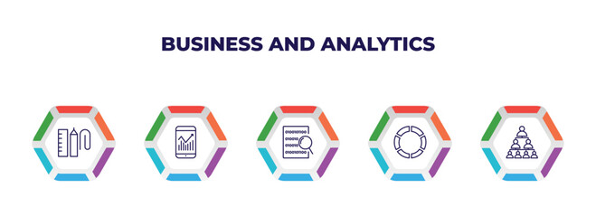 Poster - editable outline icons with infographic template. infographic for business and analytics concept. included supplies, mobile analytics, binary data search, data analytics flow, hierarchy icons.