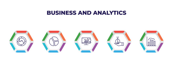 Poster - editable outline icons with infographic template. infographic for business and analytics concept. included merge charts, circular chart, database analysing, debt, bars chart analysis icons.