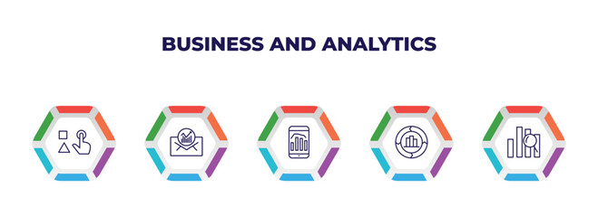 Poster - editable outline icons with infographic template. infographic for business and analytics concept. included variety, email analytics, mobile stock data, value chart, profit analysis icons.