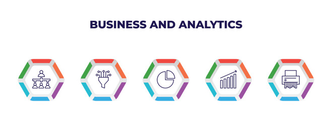 Poster - editable outline icons with infographic template. infographic for business and analytics concept. included department head, funneling data, data analytics circular, increasing stocks, shredder