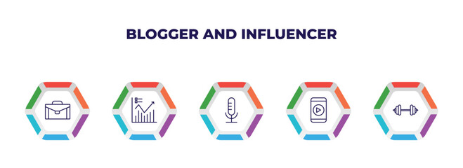 Poster - editable outline icons with infographic template. infographic for blogger and influencer concept. included suitcase, statistics, microphone, mobile video, weights icons.