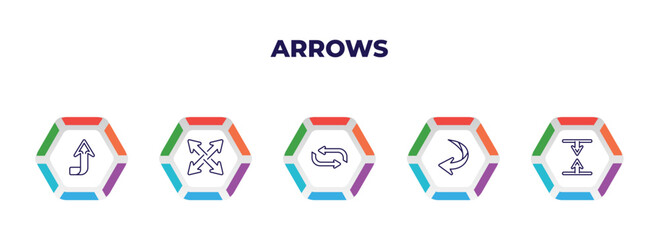 Poster - editable outline icons with infographic template. infographic for arrows concept. included upward, expad arrows, looping arrow, curved down left arrow, vertical resize icons.