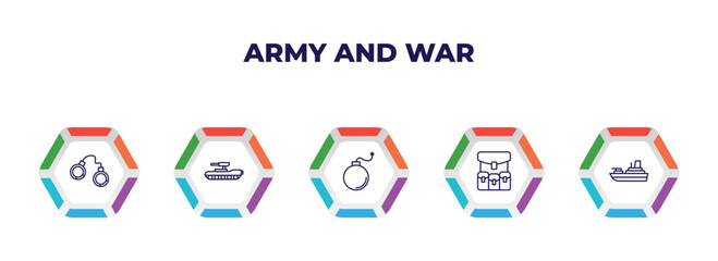 Poster - editable outline icons with infographic template. infographic for army and war concept. included pair of handcuffs, tank, bomb, army backpack, militar ship icons.