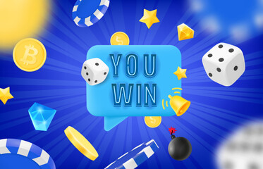Aufkleber - You win concept with flying casino chips, dice and coins. 3d vector illustration