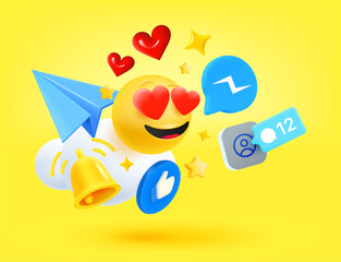 Poster - Social media elements with plane, emoji, stars, hearts. 3d vector illustration