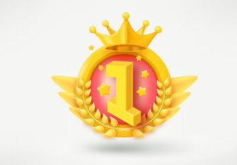 Poster - Game rank emblem with number 1 and wreaths. Game achievement 3d badge isolated on white background