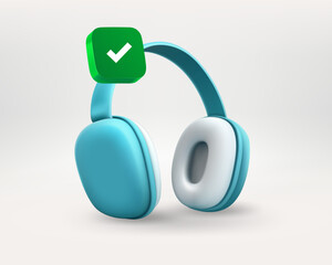 Fototapete - Blue headphones with green check mark isolated on white background. 3d vector icon 