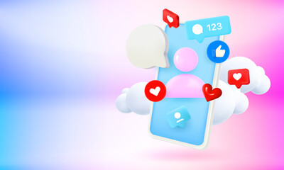 Aufkleber - Social media concept with mobile phone and emoji. 3d vector banner with copy space