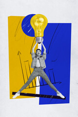 Poster - Exclusive magazine picture sketch collage image of excited lady having great start up working idea isolated painting background