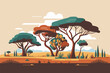 African savannah landscape with trees and bushes. Flat vector illustration.