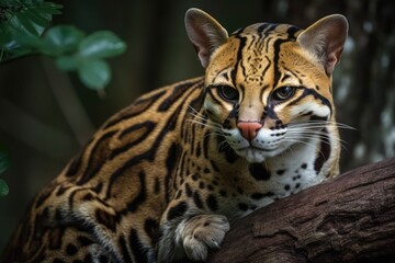 Sticker - Ocelot perched on a branch of a tree. Generative AI