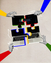 Human Hands Connecting Puzzles Made From Laptops. Team Work In IT Department. Writing Programmes And Websites. Contemporary Art Collage. Creative Design. Concept Of Modern Technologies, Surrealism