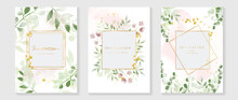 Luxury Wedding Invitation Card Background Vector. Elegant Watercolor Texture In Pink Flower, Leaf, Gold Border. Spring Floral Design Illustration For Wedding And Vip Cover Template, Banner, Invite.