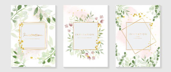 Wall Mural - Luxury wedding invitation card background vector. Elegant watercolor texture in pink flower, leaf, gold border. Spring floral design illustration for wedding and vip cover template, banner, invite.