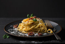 A Classic Spaghetti Carbonara Served On A Rustic Wooden - Generative AI