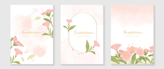 Wall Mural - Luxury wedding invitation card background vector. Elegant watercolor texture in pink flower, leaf, gold border. Spring floral design illustration for wedding and vip cover template, banner, invite.