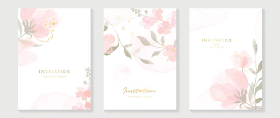 Wall Mural - Luxury wedding invitation card background vector. Elegant watercolor texture in pink flower, leaf, gold line. Spring floral design illustration for wedding and vip cover template, banner, invite.