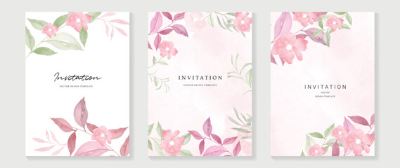 Wall Mural - Luxury wedding invitation card background vector. Elegant watercolor texture in plants, pink flower, leaf. Spring floral design illustration for wedding and vip cover template, banner, invite.