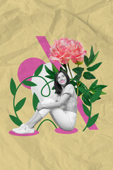 Wall Mural - Banner magazine picture collage of beautiful beauty lady dreamy sitting pink peony flower enjoy spring day