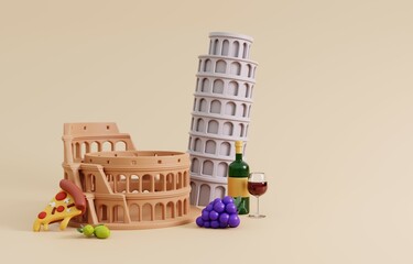 Pisa, Italy - 03.31.2023: Travel Italy Background. Tower of Pisa, Colosseum, grapes, wine and pizza isolated on pastel background. 3D Render Illustration.