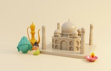 Traditional Symbols Of Architecture And Culture Of India. Taj Mahal Travel Concept. 3D Render Illustration.