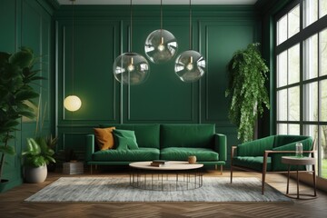 Wall Mural - Green interior with couches and furnishings. illustration mockup. Generative AI