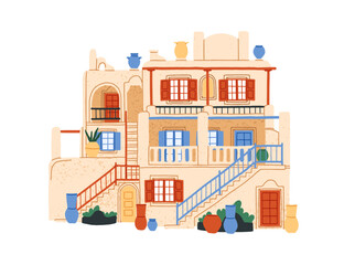 Wall Mural - Greek house architecture. Traditional Greece building exterior with decorated facade, windows, stairs, vases. Mykonos residential construction. Flat vector illustration isolated on white background