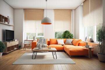 Wall Mural - Contemporary white and orange hardwood living room. Fabric couch, parquet floor, window, and decors. Japanese interiors. Generative AI