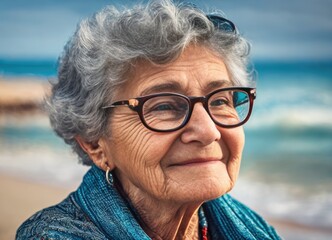 Wall Mural - Happy mature woman of 80 years on the beach. Generative AI