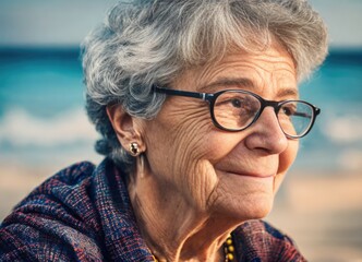 Wall Mural - Happy mature woman of 80 years on the beach. Generative AI