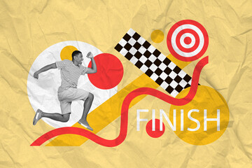 Sticker - Creative picture template collage of fun young guy run fast rush achieve first place cross finish line winning concept