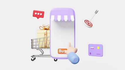 3d purple mobile phone, smartphone with store front, hand pointing finger, shopping cart, basket, gift box, credit card isolated on white background. online shopping, 3d animation