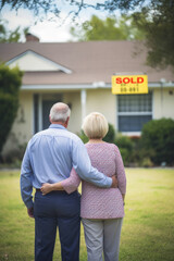 wealthy couple in their late 50's, standing in front of a home with a sold sign out front in the background, they are now retired and just made a lot of money on their home sale , ai generative