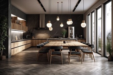 Sticker - Kitchen and dining room interior, contemporary design, wood and stone materials. Generative AI